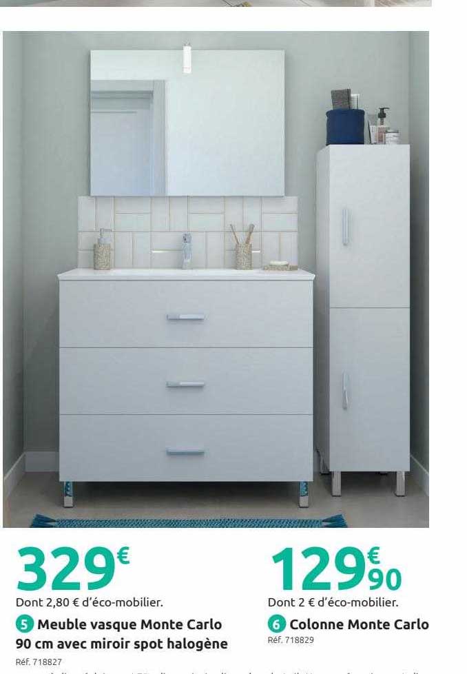 meuble vasque monte carlo 90 cm avec miroir spot halogène, colonne monte carlo