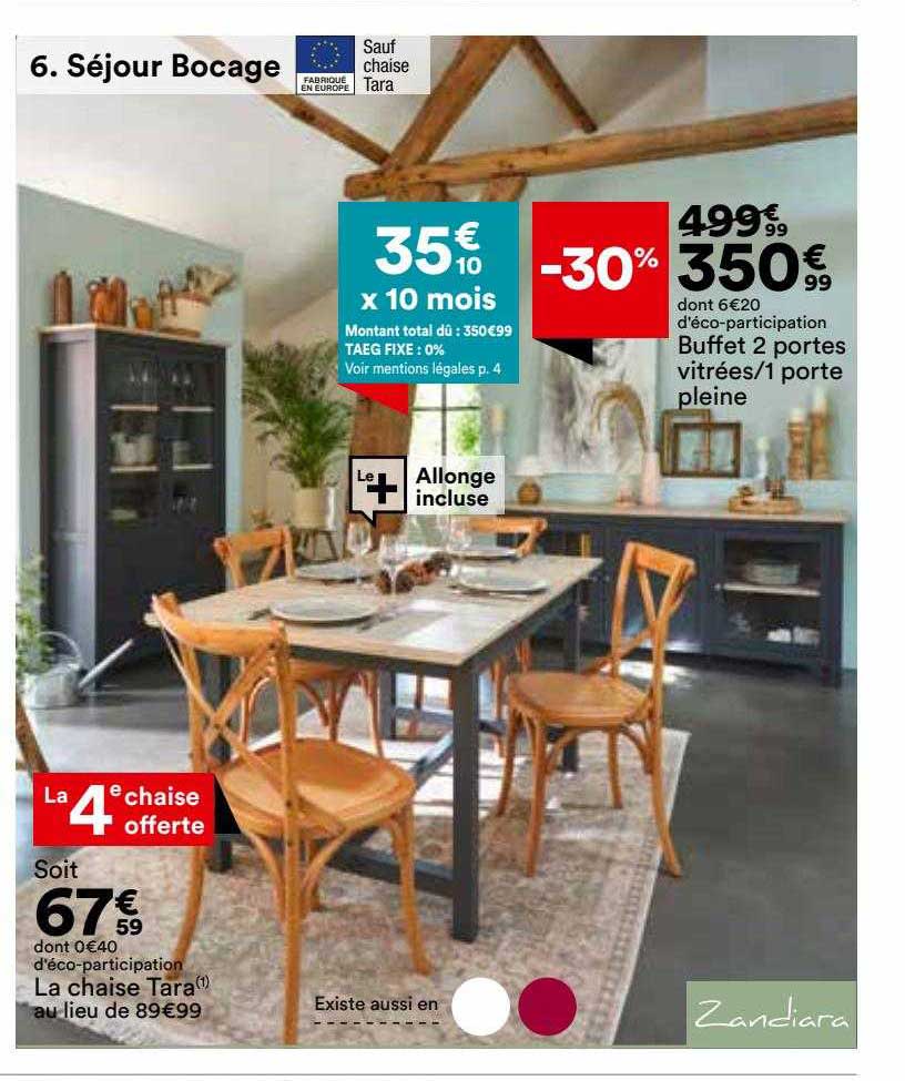 séjour bocage : la chaise tara, buffet 2 porte pleine zandiara