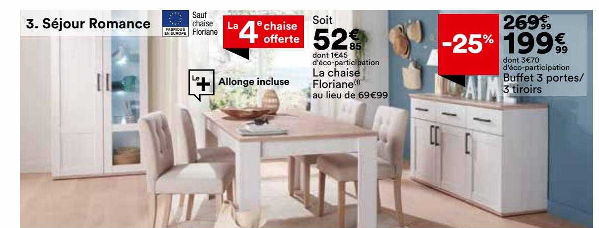 séjour romance : la chaise floriane , buffet 3 portes - 3 tiroirs