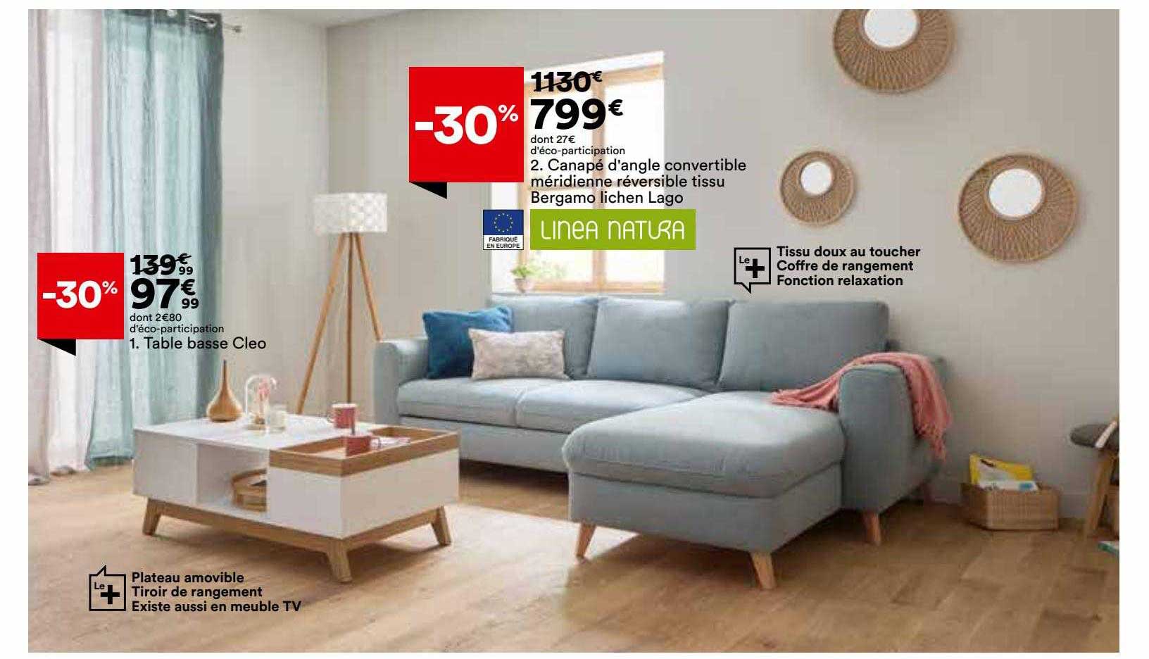 table basse cléo, canapé d'angle convertible méridienne réversible tissu bergamo lichen lago