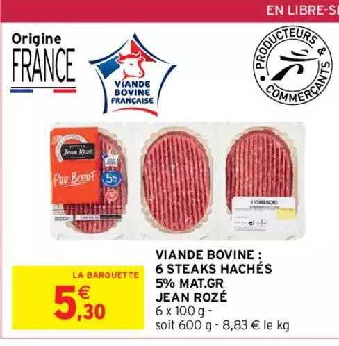 viande bovine : 6 steaks hachés 5% mat. gr. jean rozé