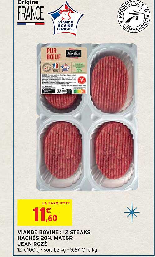 viande bovine : 12 steaks hachés 20% mat.gr. jean rozé