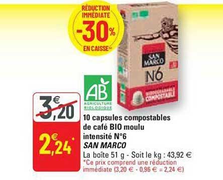 10 capsules compostables de café bio moulu intensité n°6 san marco