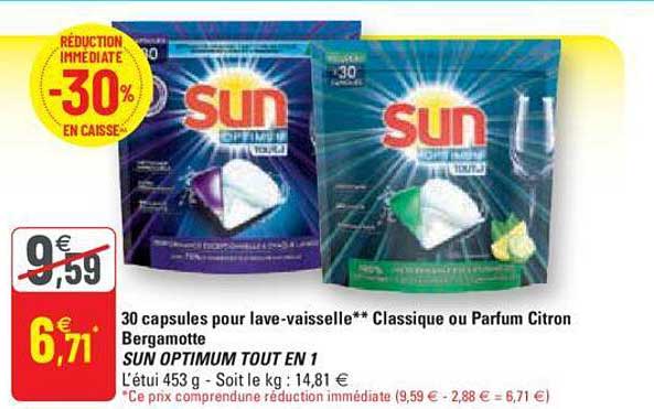 30 capsules pour lave-vaisselle classique ou parfum citron bargamotte sun optimum tout en 1