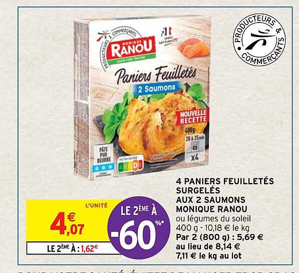 4 paniers feuilletés surgelés aux 2 saumons monique ranou