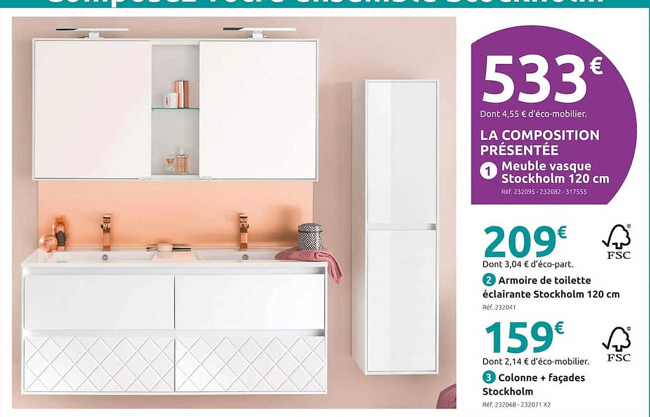 Armoire De Toilette éclairante Stockholm 120 Cm, Colonne + Façades Stockholm