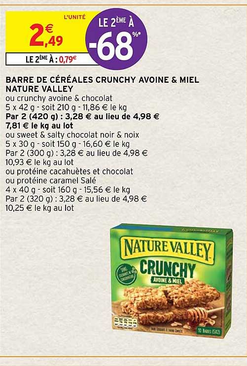 barre de céréales crunchy avoine & miel nature valley