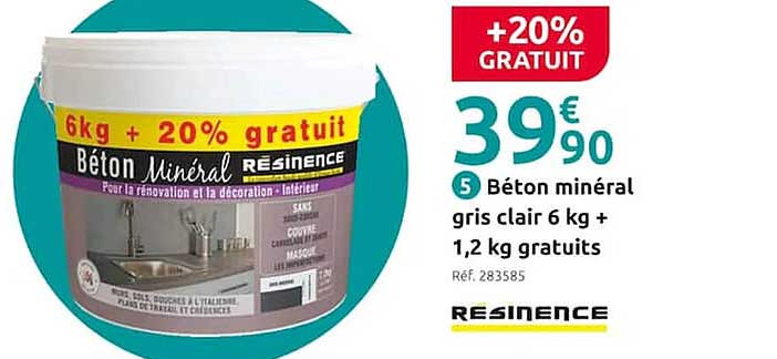 béton minéral gris clair 6 kg + 1,2 kg gratuits résinence