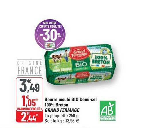 beurre moulé bio demi-sel 100% breton grand fermage