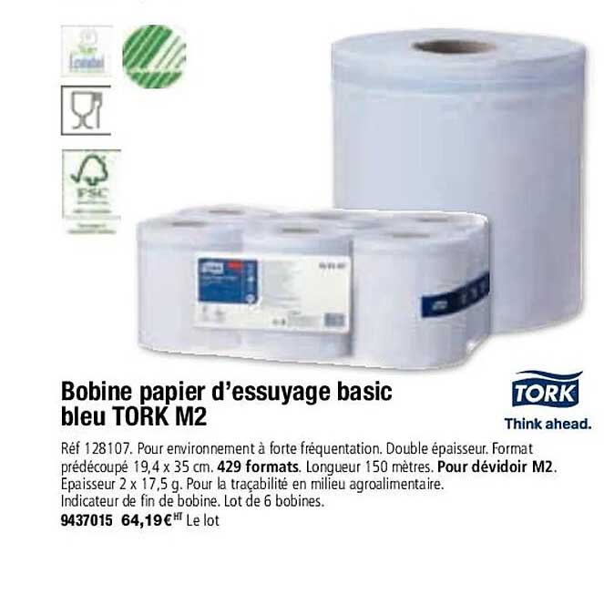 bobine papier d'essuyage basic bleu tork m2