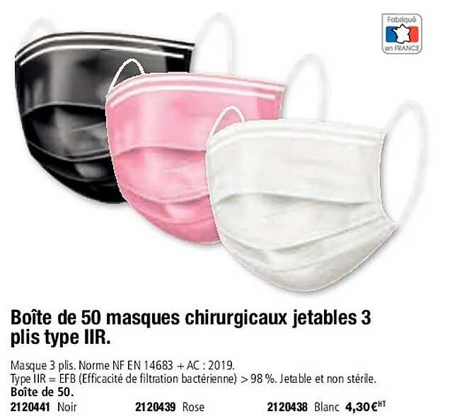 Boîte De 50 Masques Chirurgicaux Jetables 3 Plis Type Iir