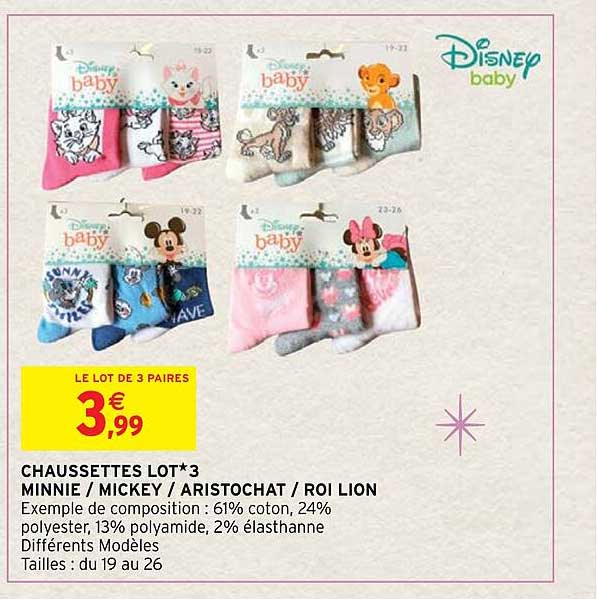 chaussettes lot*3 minnie - mickey - aristochat - roi lion