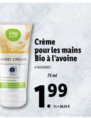 cien crème pour les mains bio à l'avoine