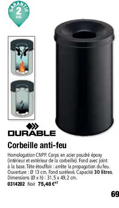 corbeille anti-feu durable