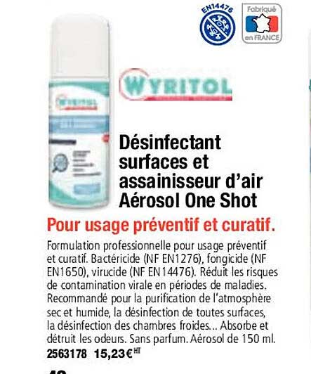 désinfectant surfaces et assainisseur d'air aérosol one shot wyritol