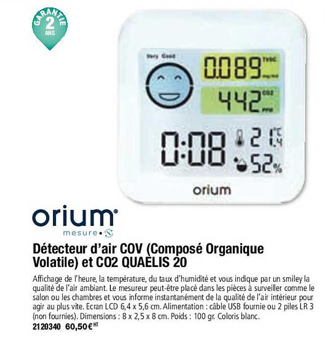 détecteur d'air cov (composé organique volatile) et c02 quaelis 20 orium mesure
