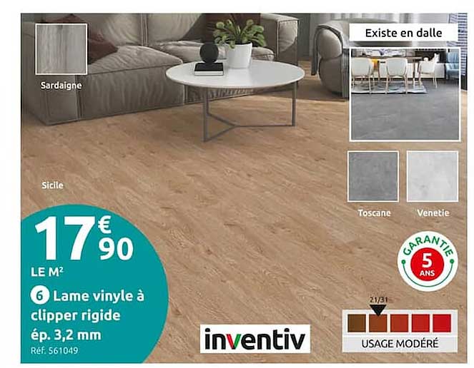 lame vinyle à clipper rigide ép. 3,2 mm inventiv