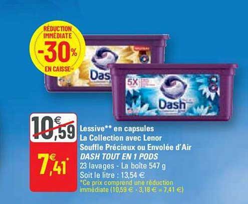 lessive en capsules le collection avec lenor souffle précieux en envolée d'air dash tout en 1 pods