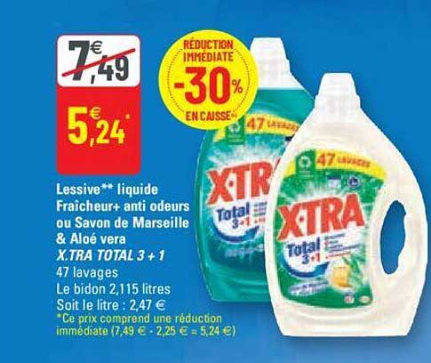 lessive liquide fraîcheur+ anti odeurs ou savon de marseille & aloé vera x.tra total 3 + 1