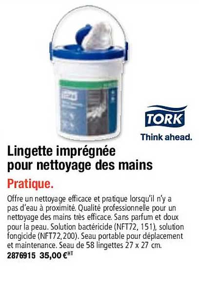 lingette imprégnée pour nettoyage des mains tork