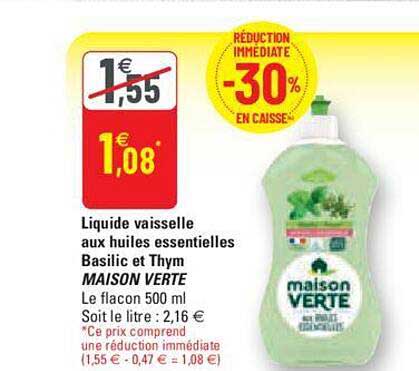 liquide vaisselle aux huiles essentielles basilic et thym maison verte