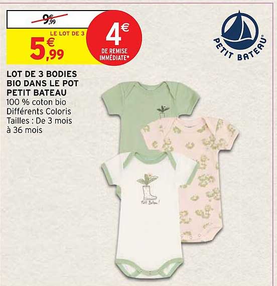 lot de 3 bodies bio dans le pot petit bateau