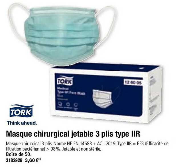 masque chirurgical jetable 3 plis type iir tork