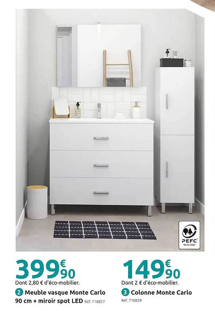 meuble vasque monte carlo 90 cm + miroir spot led, colonne monte carlo