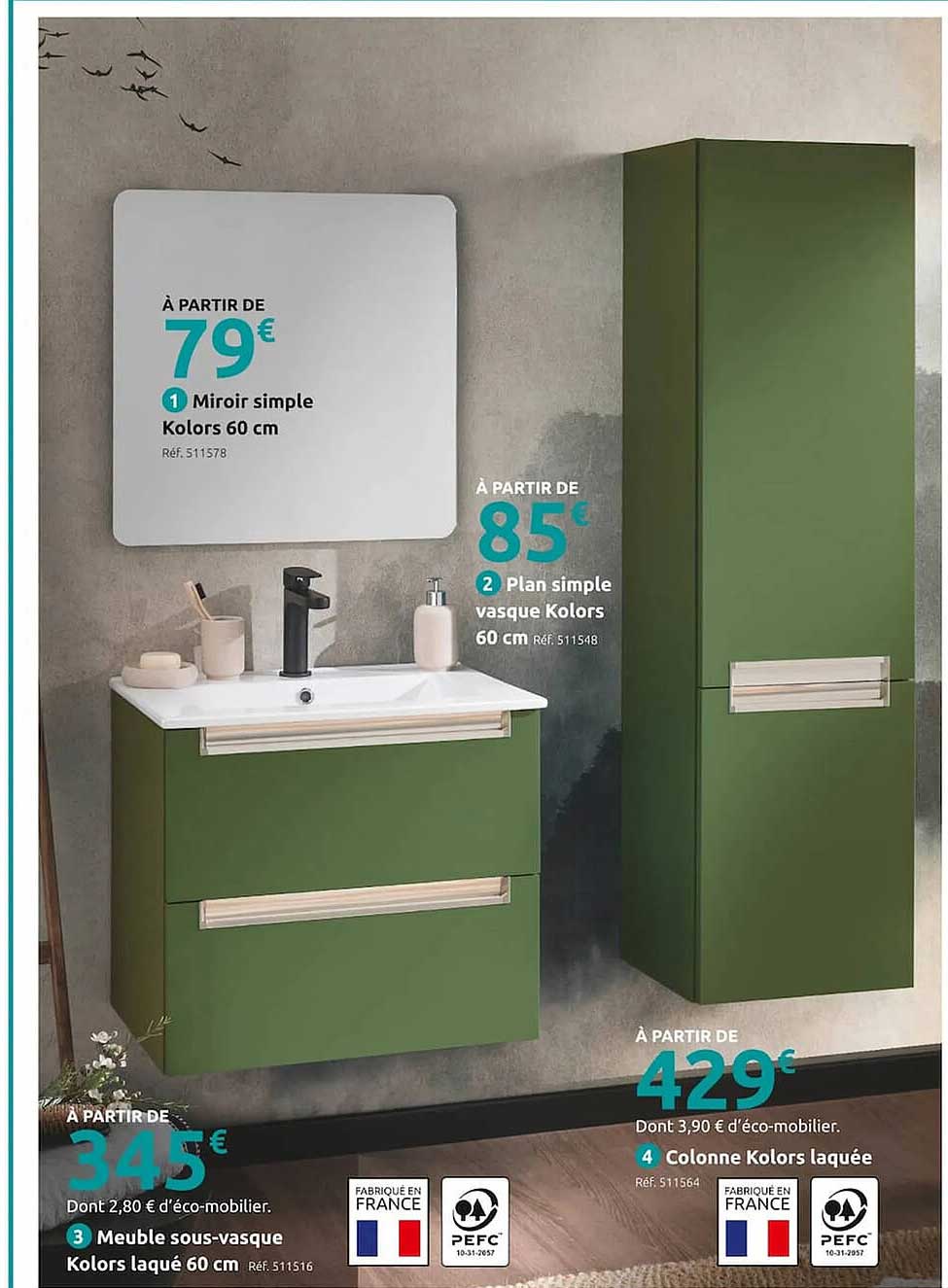 miroir simple kolors 60 cm, plan simple vasque kolors, colonne kolors laquée, meuble sous-vasque