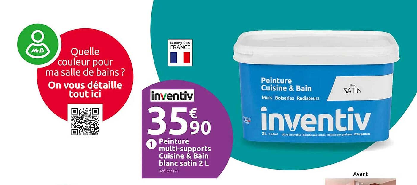 Peinture Multi-supports Cuisine & Bain Blanc Satin 2 L Inventiv
