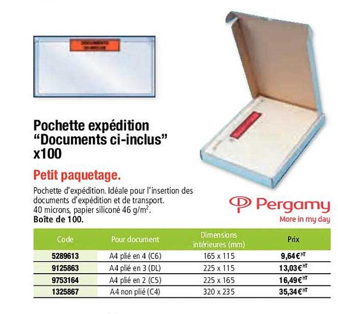 pochette expédition "documents ci-inclus" x 100 pergamy