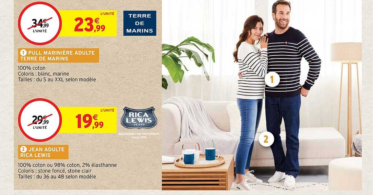 pull marinière adulte terre de marins, jean adulte rica lewis