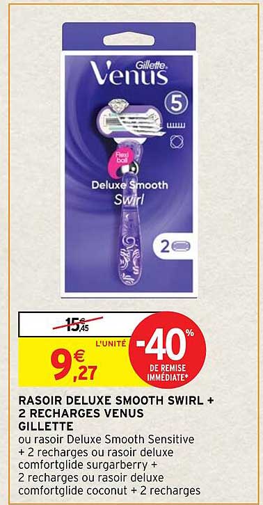 rasoir deluxe smooth swirl + 2 recharges venus gillette