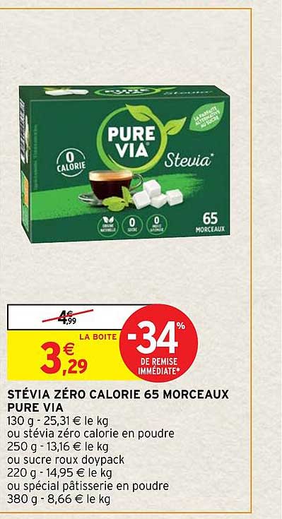 stévia zéro calorie 65 morceaux pure via