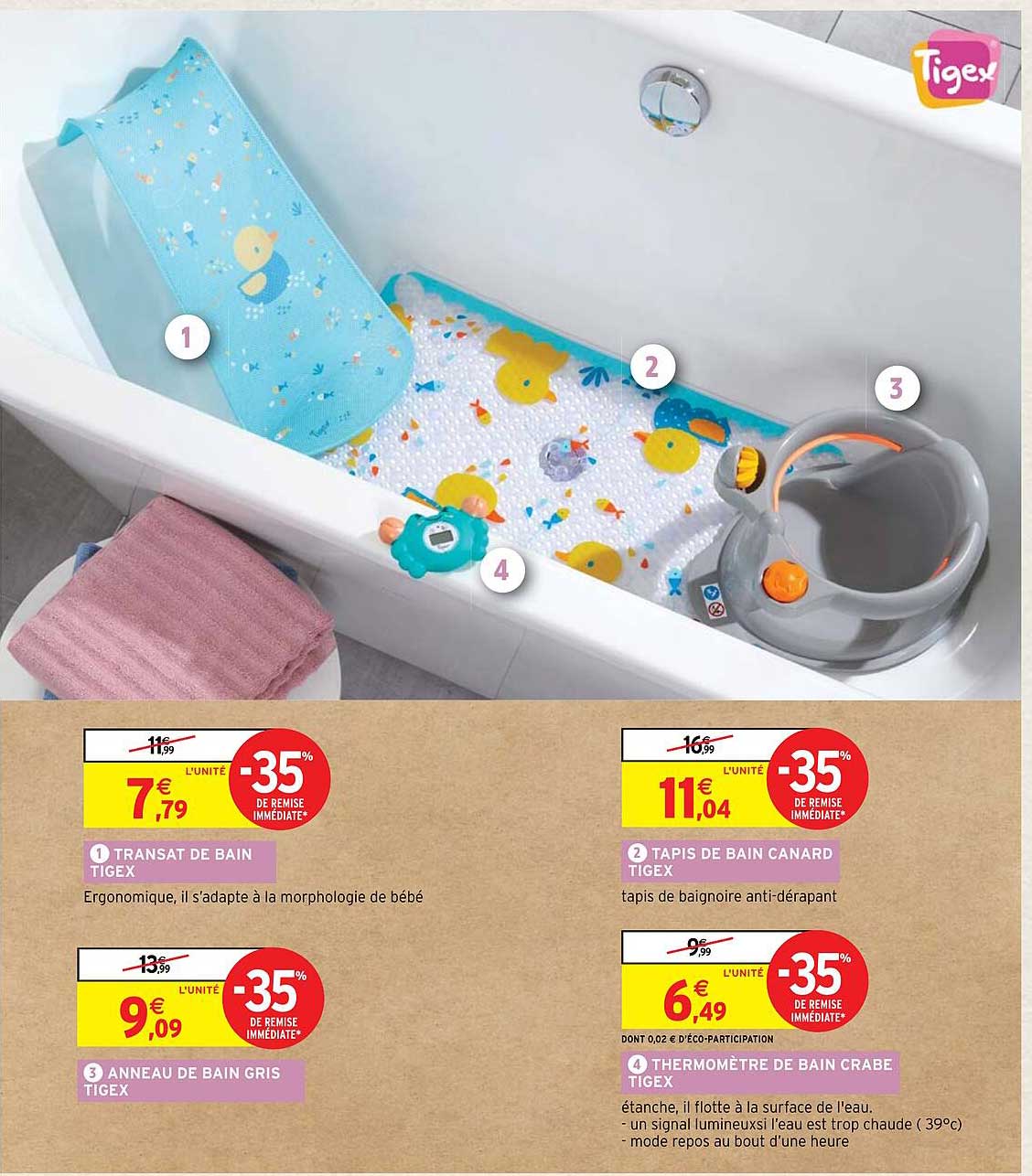 Transat De Bain Tigex, Anneau De Bain Gris Tigex, Tapis De Bain Canard Tigex, Thermomètre De Bain Crabe Tigex