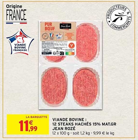 viande bovine : 12 steaks hachés 15% mat.gr. jean rozé