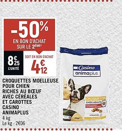 croquettes moelleuse pour chien riches au boeuf avec céréales et carottes casino animaplus