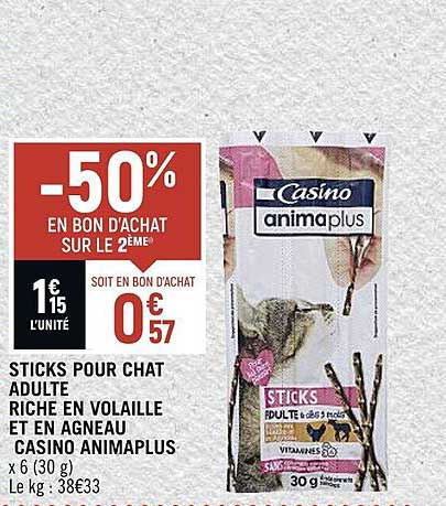 sticks pour chat adulte riche en volaille et en agneau casino animaplus