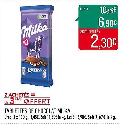 tablettes de chocolat milka 2 achetés = le 3ème offert