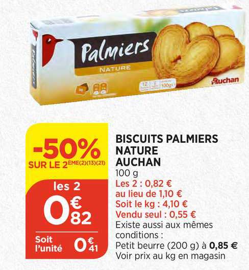 Biscuits Palmiers Nature Auchan -50% Sur Le 2ème