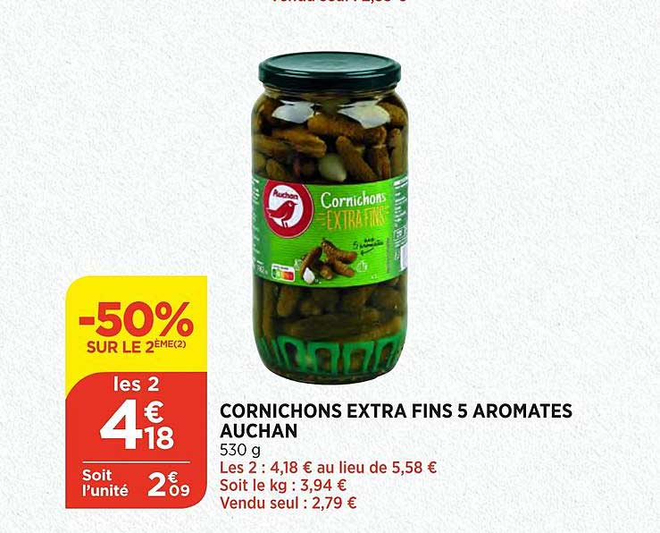 Cornichons Extra Fins 5 Aromates Auchan -50% Sur Le 2ème