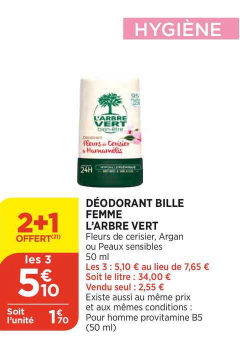 déodorant bille femme l'arbre vert 2+1 offert