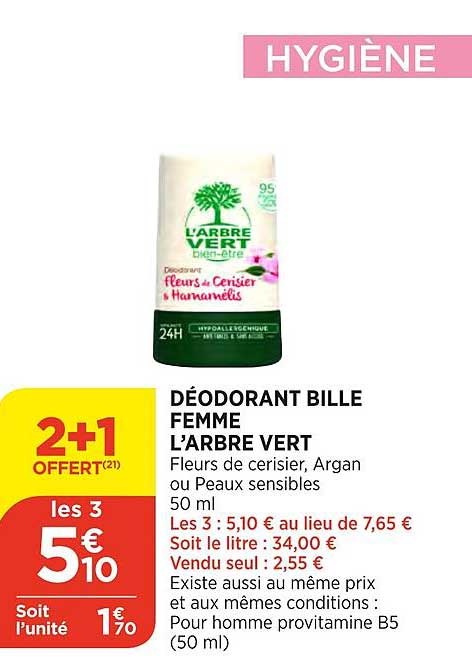 déodorant bille femme l'arbre vert 2+1 offert