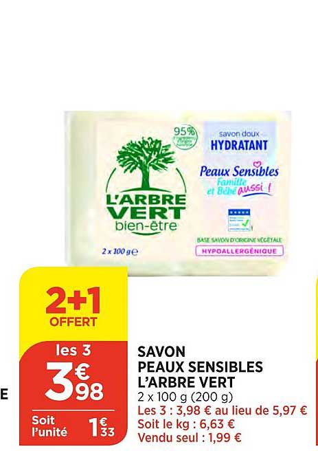 savon peaux sensibles l'arbre vert 2+1 offert