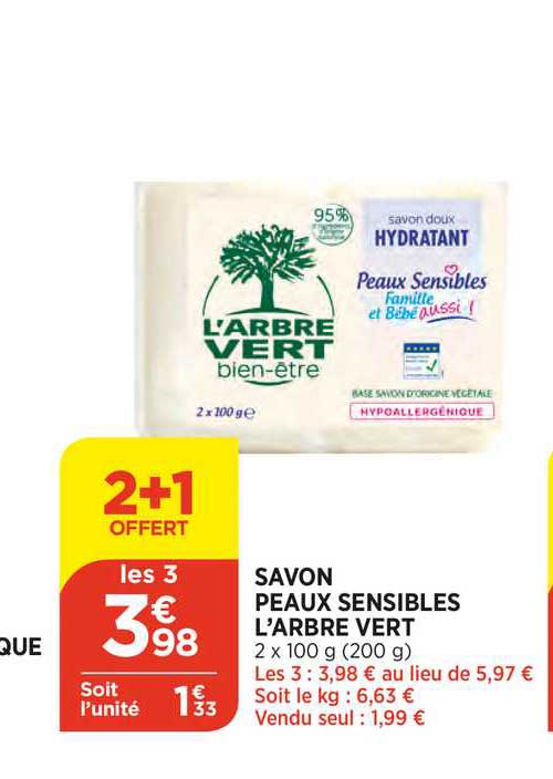 savon peaux sensibles l'arbre vert 2+1 offert