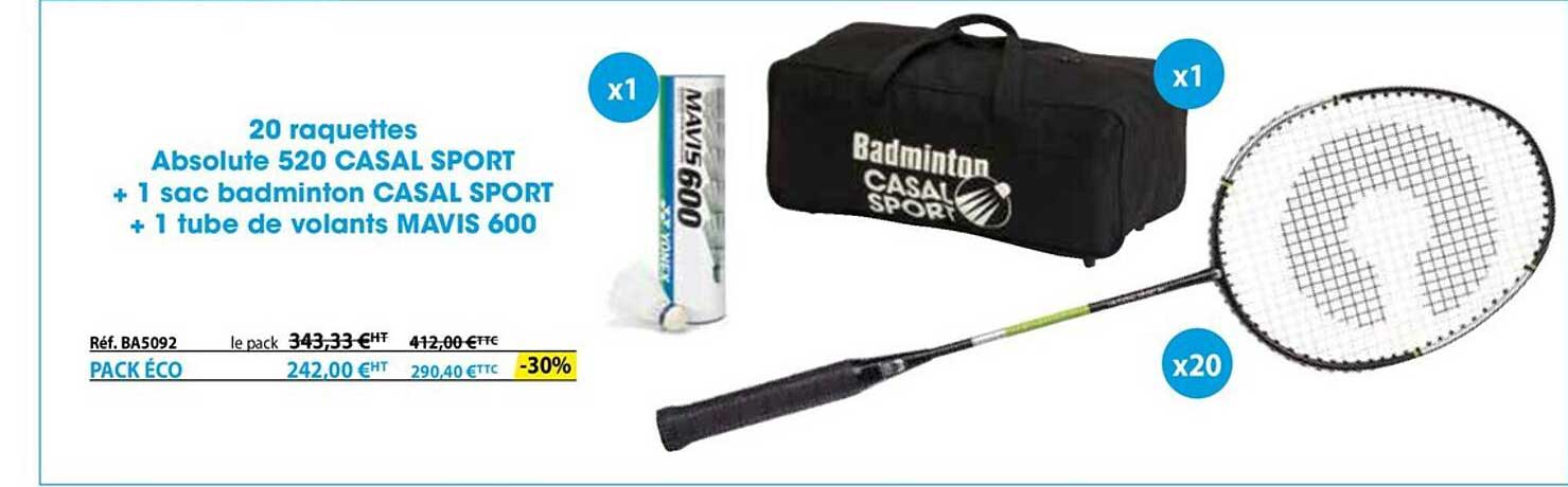 20 raquettes absolute 520 casal sport + 1 sac badminton casal sport + 1 tube de volants mvis 600