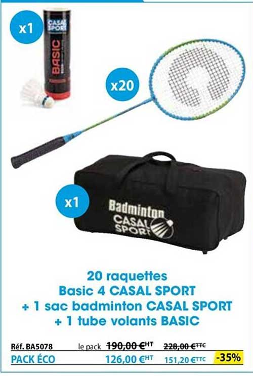 20 raquettes basic 4 casal sport + 1 sac badminton casal sport +1 tube volants basic