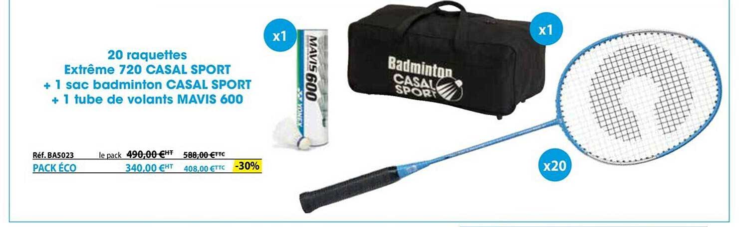 20 raquettes extrême 720 casal sport  + 1 sac badminton casal sport + 1 tube de volants mavis 600