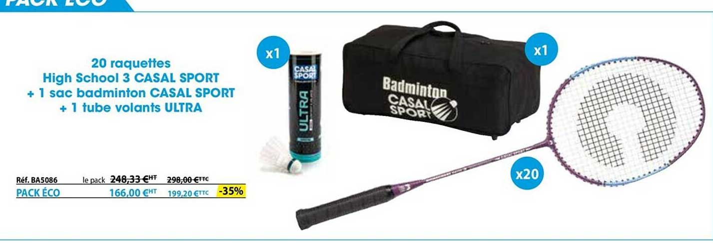 20 raquettes high school 3 casal sport +1 sac badminton casal sport + 1 tube volants ultra