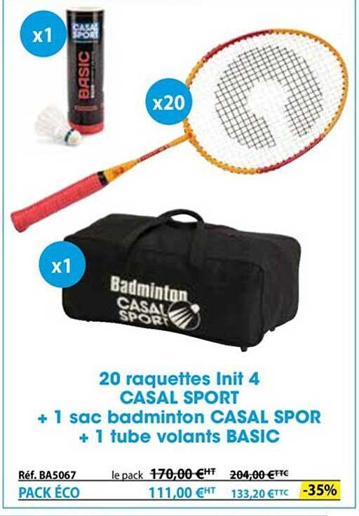 20 raquettes init 4 casal sport + 1 sac badminton casal sport  +1 tube volants basic